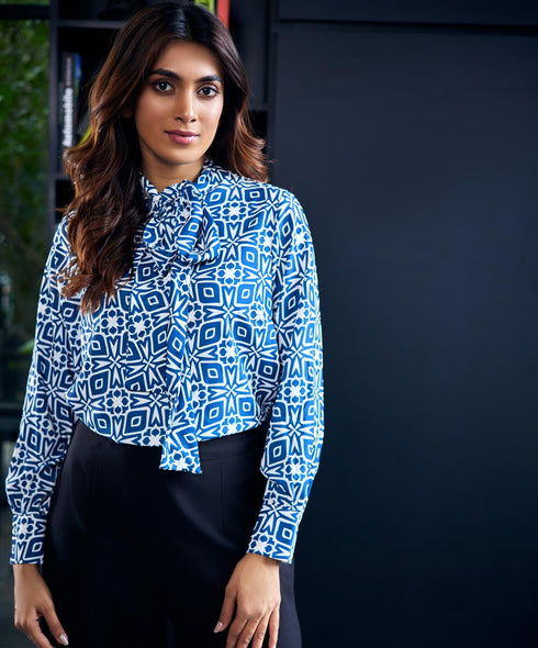 Neck Tie Blue Printed Chiffon Top
